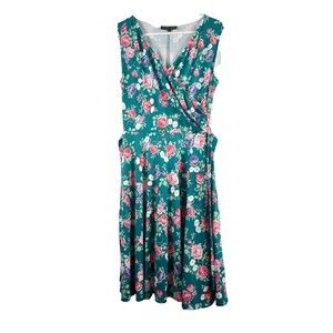 Fortric Women's Sz L Classic Green Floral Belted Knee Length A Line Dress